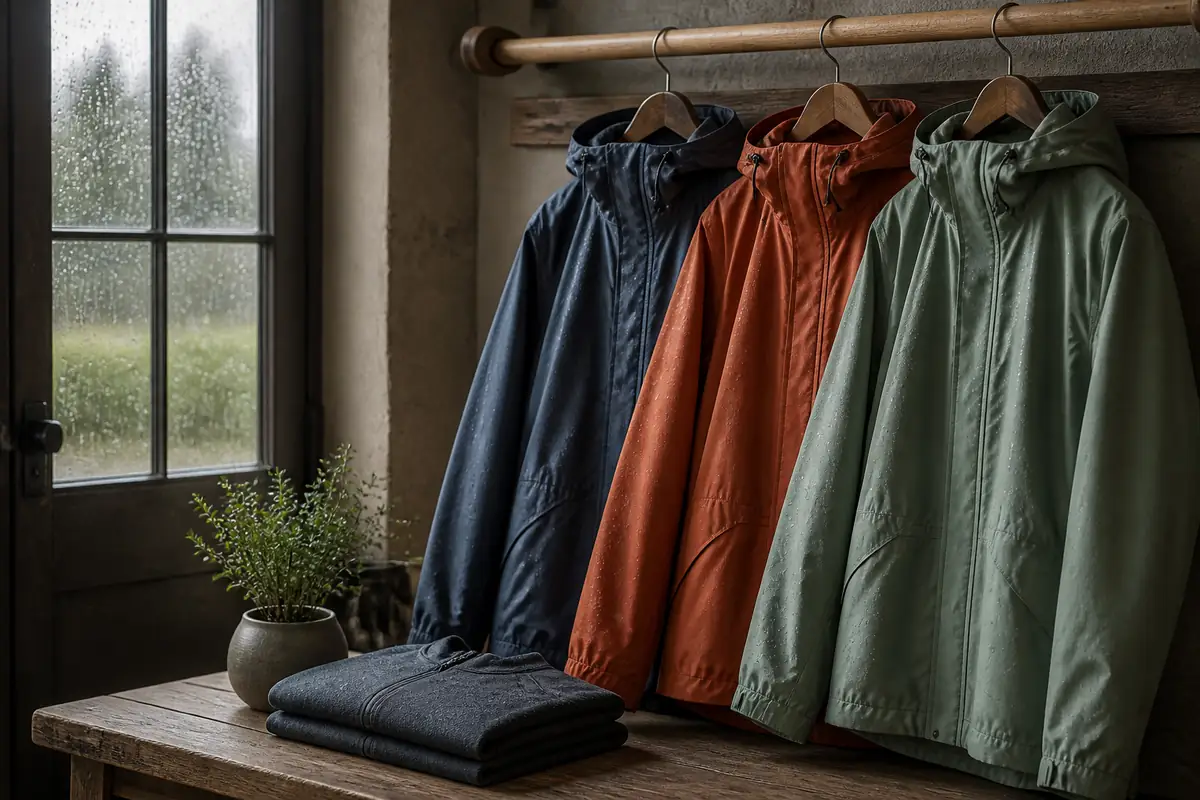 Three fictional unbranded raincoats showing different lengths, hoods and seam construction in a natural studio