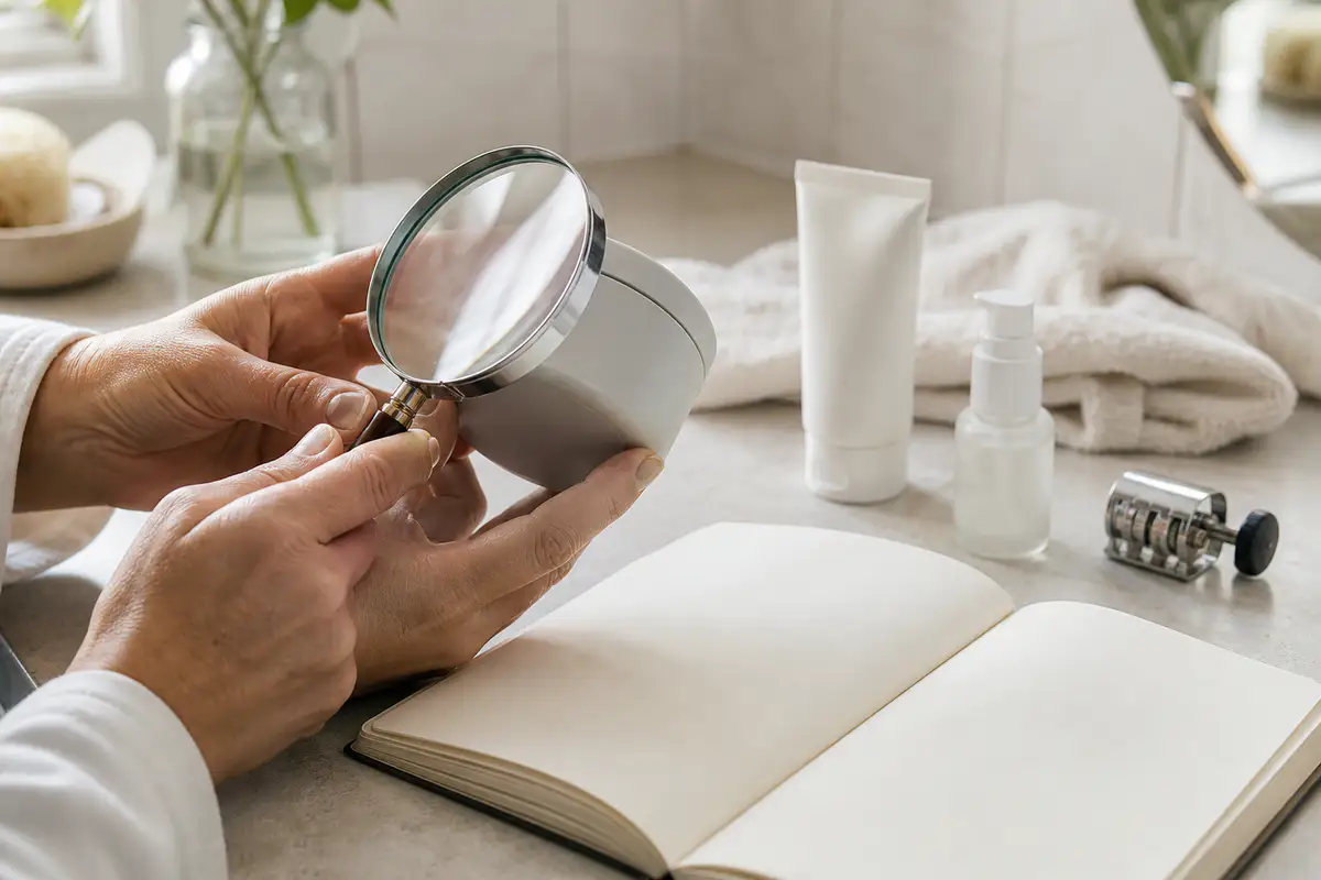 A shopper examining plain unbranded cosmetics containers with a magnifying glass