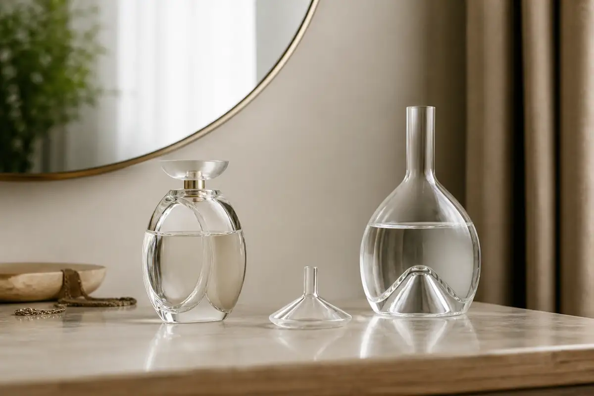 Fictional unbranded fragrance and refill vessels with a plain connector