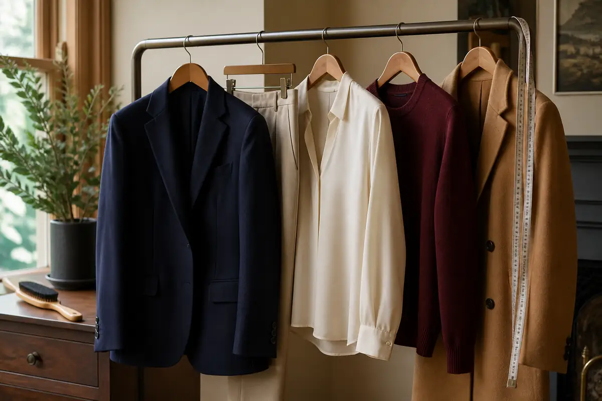 An elegant unbranded tailoring rail with navy, cream and camel garments in a calm studio
