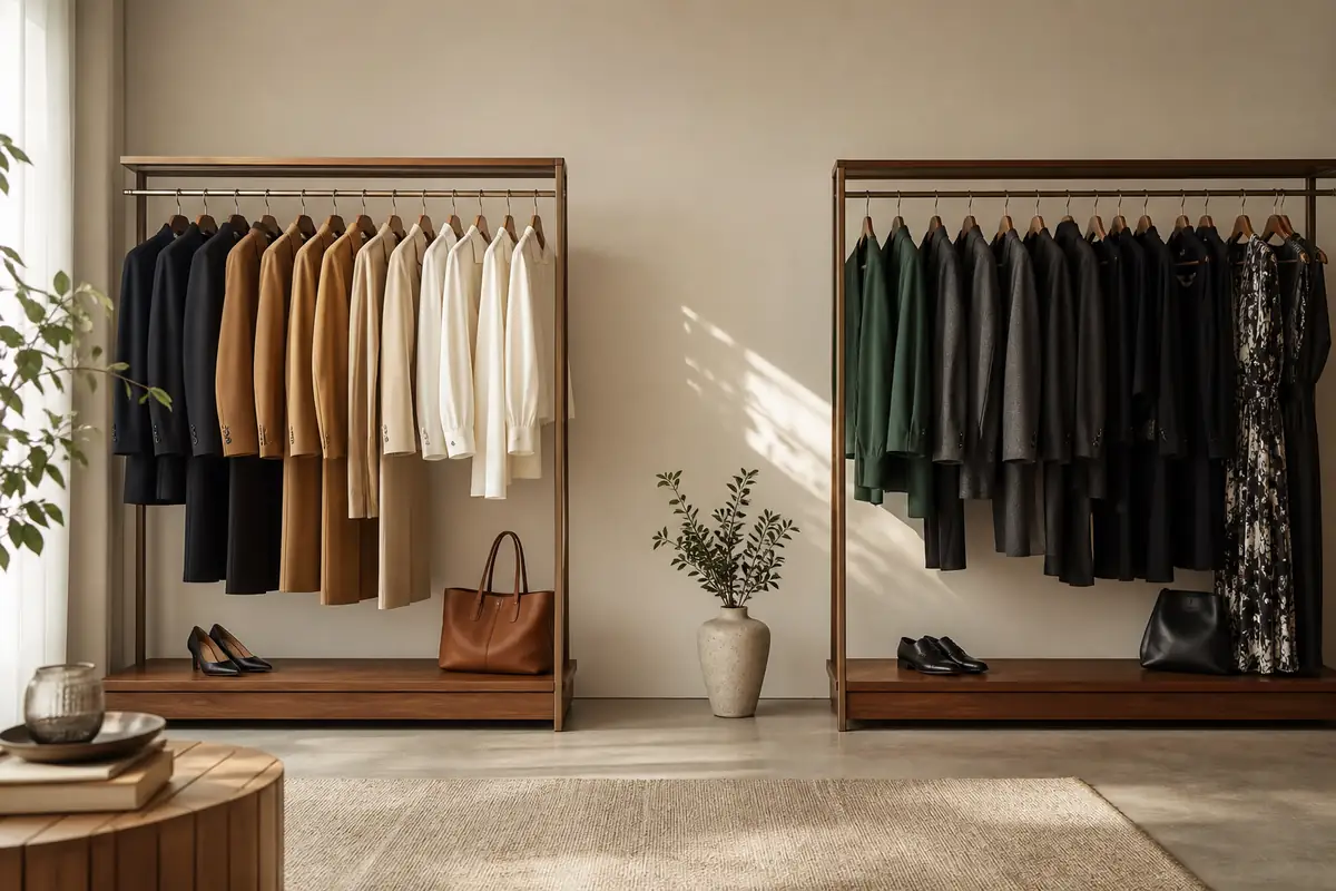 Two contrasting unbranded premium fashion rails arranged for a balanced retailer comparison