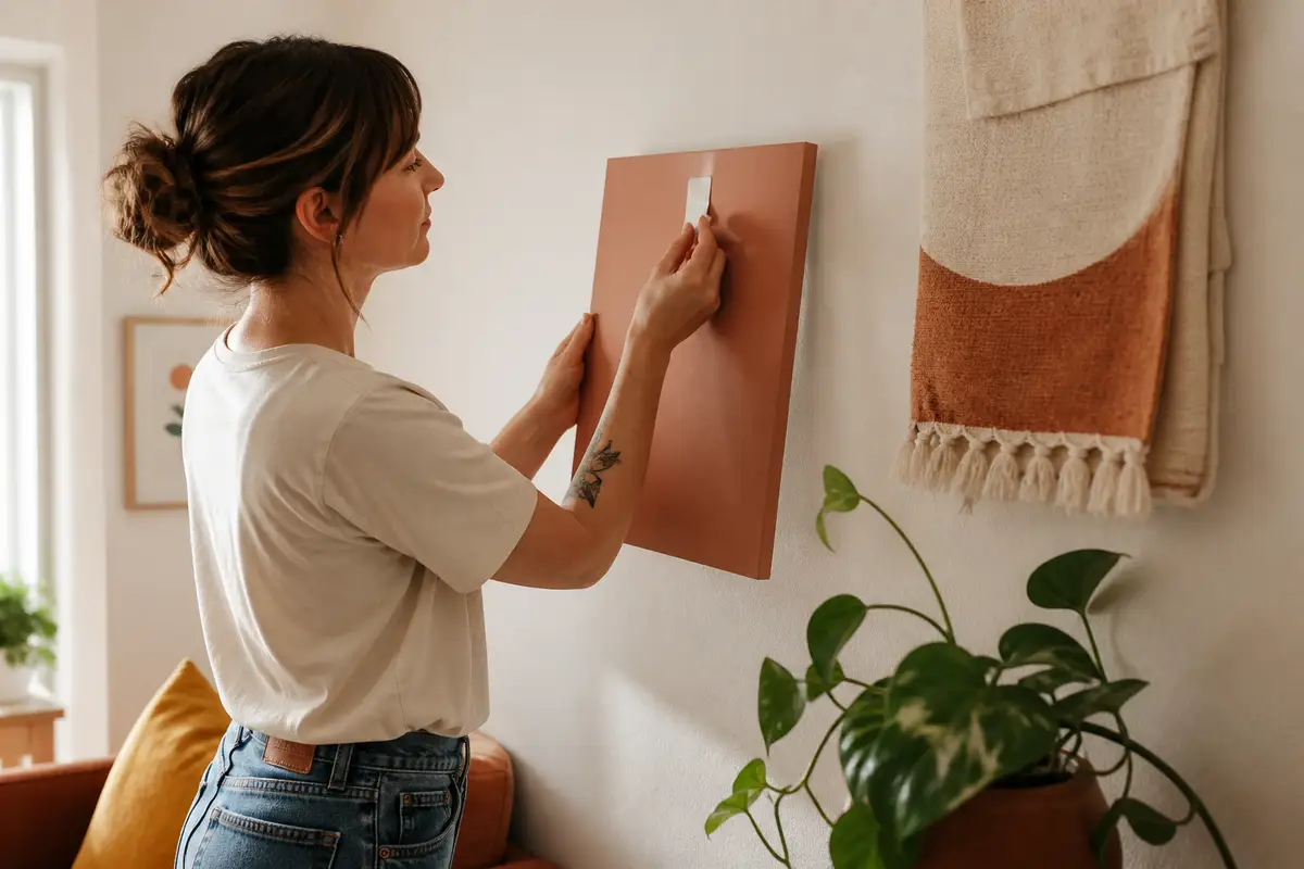 A renter placing a removable strip behind a plain lightweight art panel
