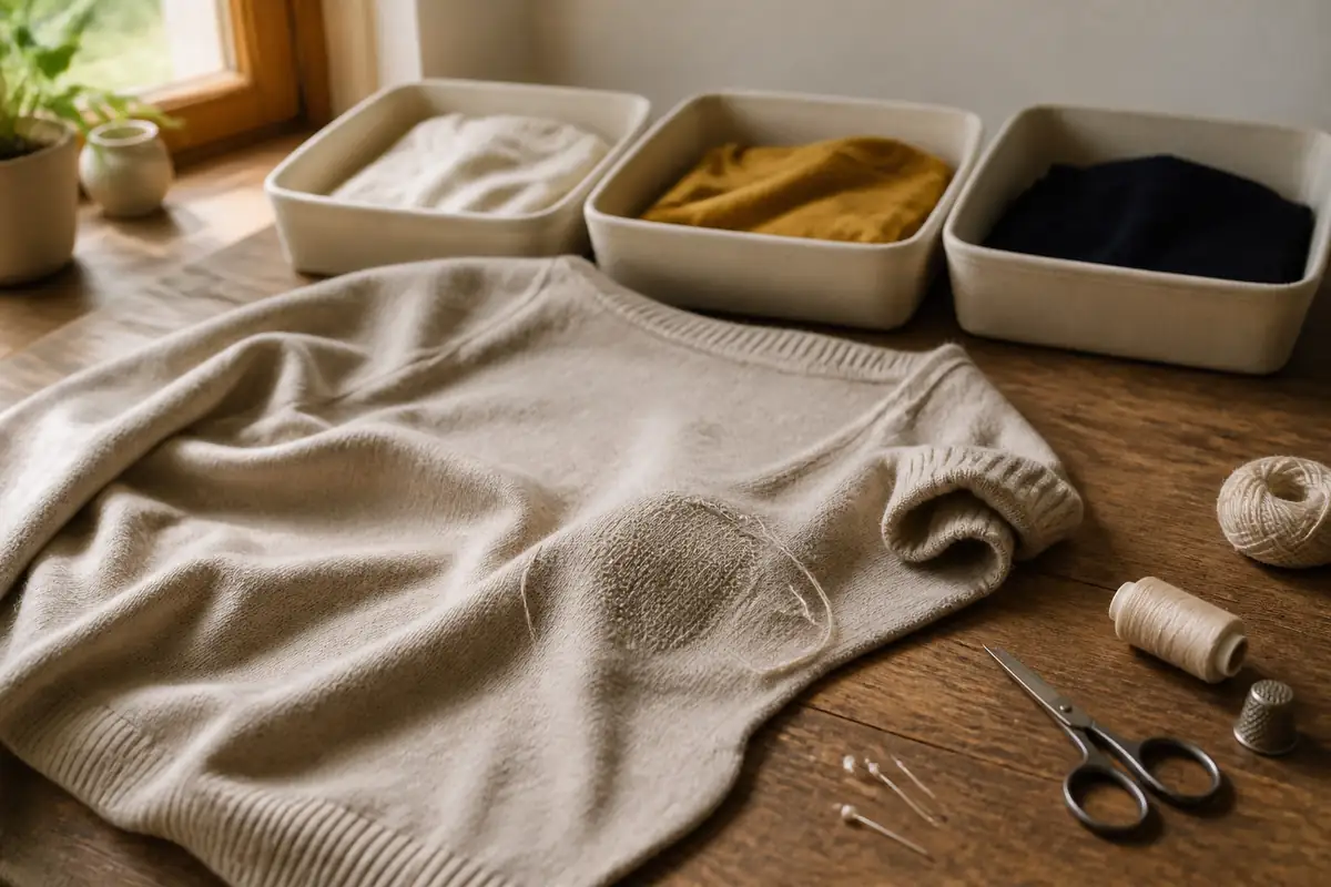 A plain garment being mended beside unlabelled sorting trays