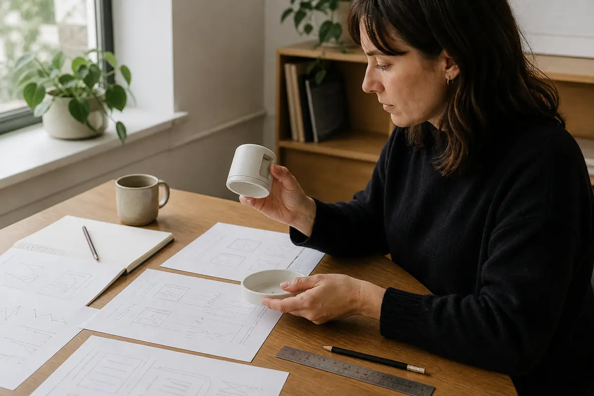 A researcher comparing a generic object with evidence notes and diagrams