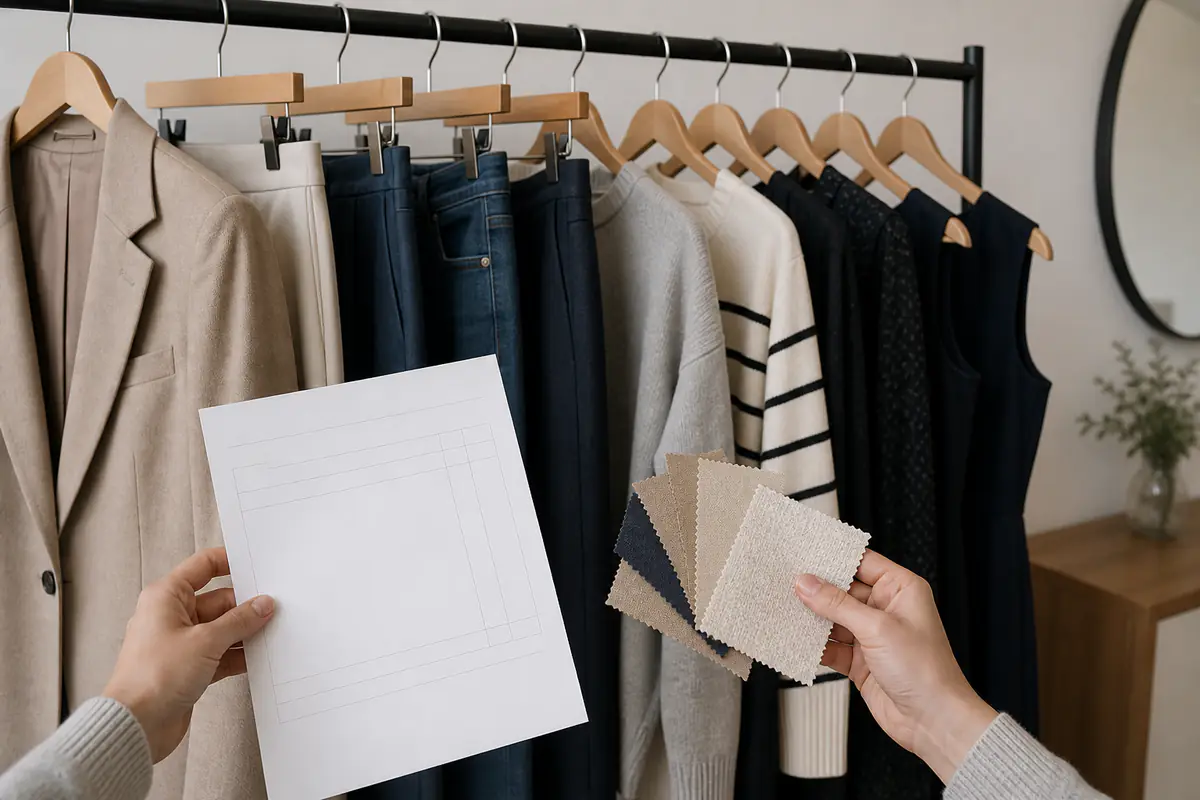 A fictional unbranded wardrobe rail with tailoring, denim and knitwear beside blank order paperwork and fabric swatches