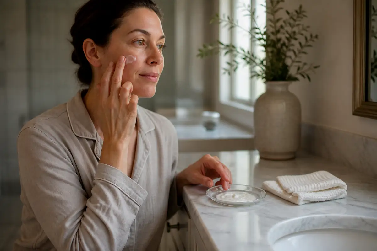 An adult applying a small amount of unbranded face cream in natural light