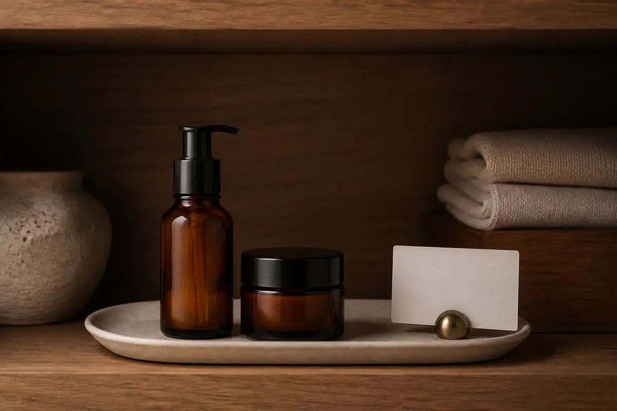 A blank amber skincare pump and moisturiser jar stored on a shaded tray