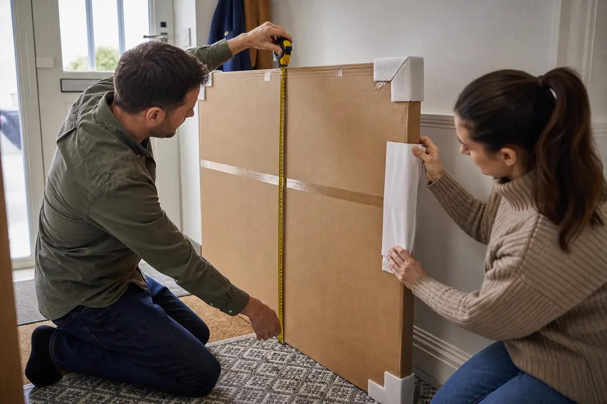 Two people measuring a large unbranded parcel before collection