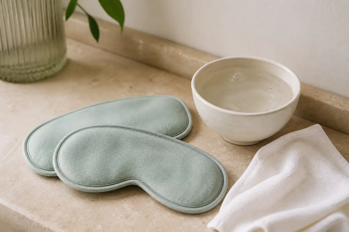 Plain reusable textile and gel eye masks arranged on a clean surface