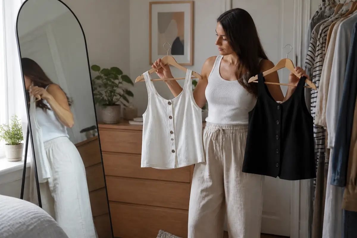 A shopper comparing the fit and fabric of two unbranded garments