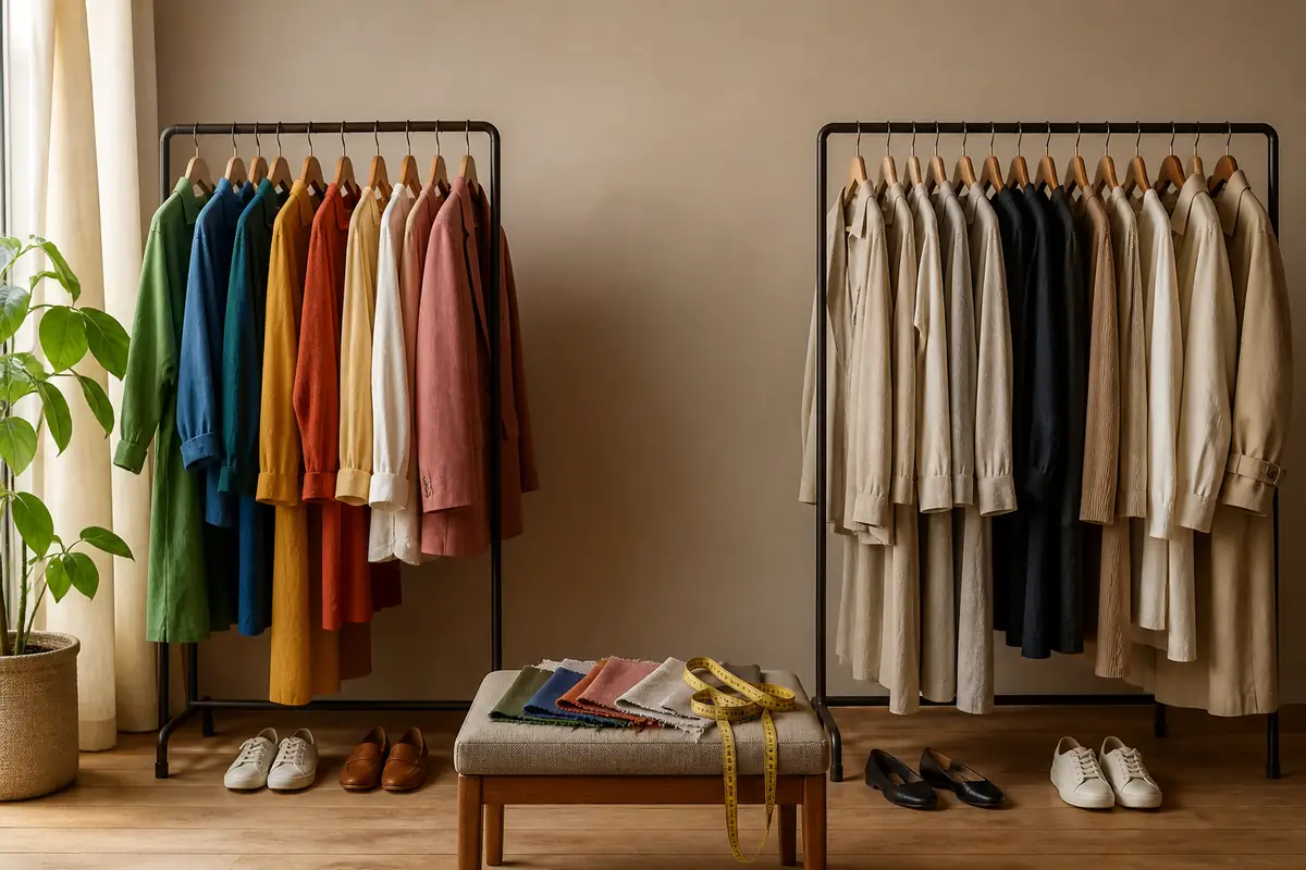 A shopper comparing two unbranded fashion outfits at home