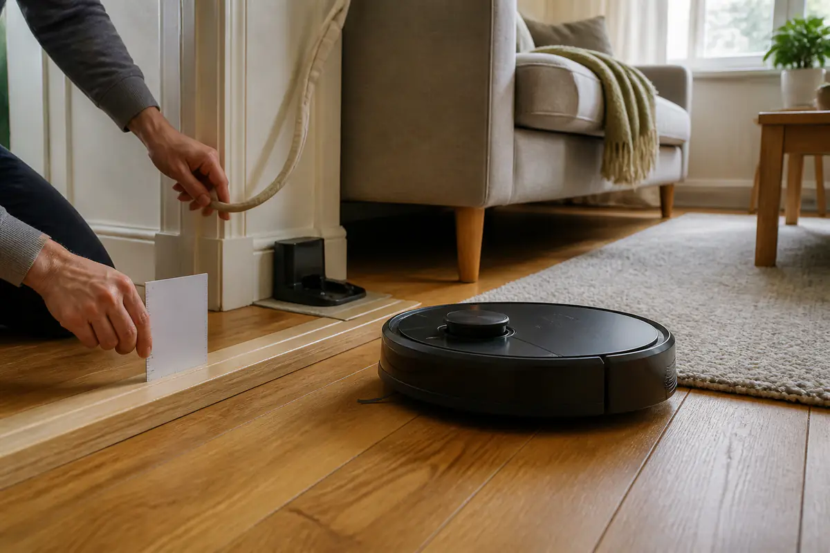 An adult measuring a threshold and moving a cable beside a generic unbranded robot vacuum and dock