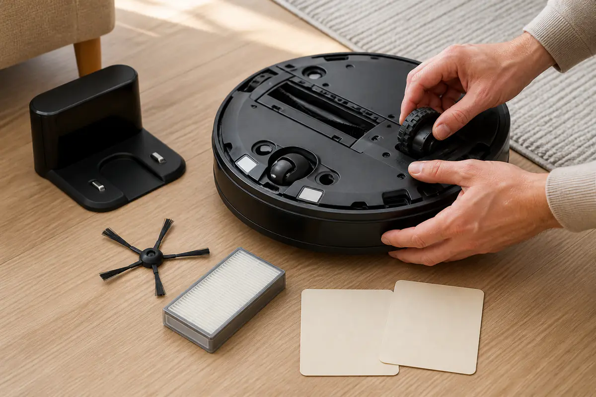 Adult hands inspect a fictional unbranded robot vacuum with dock, brush and filter