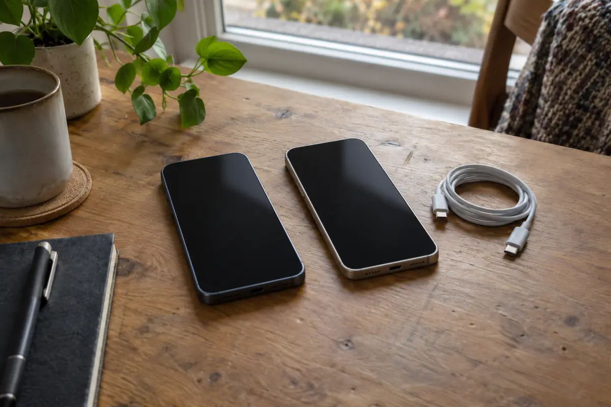 Two unbranded phones with switched-off screens and a USB-C cable on a wooden desk