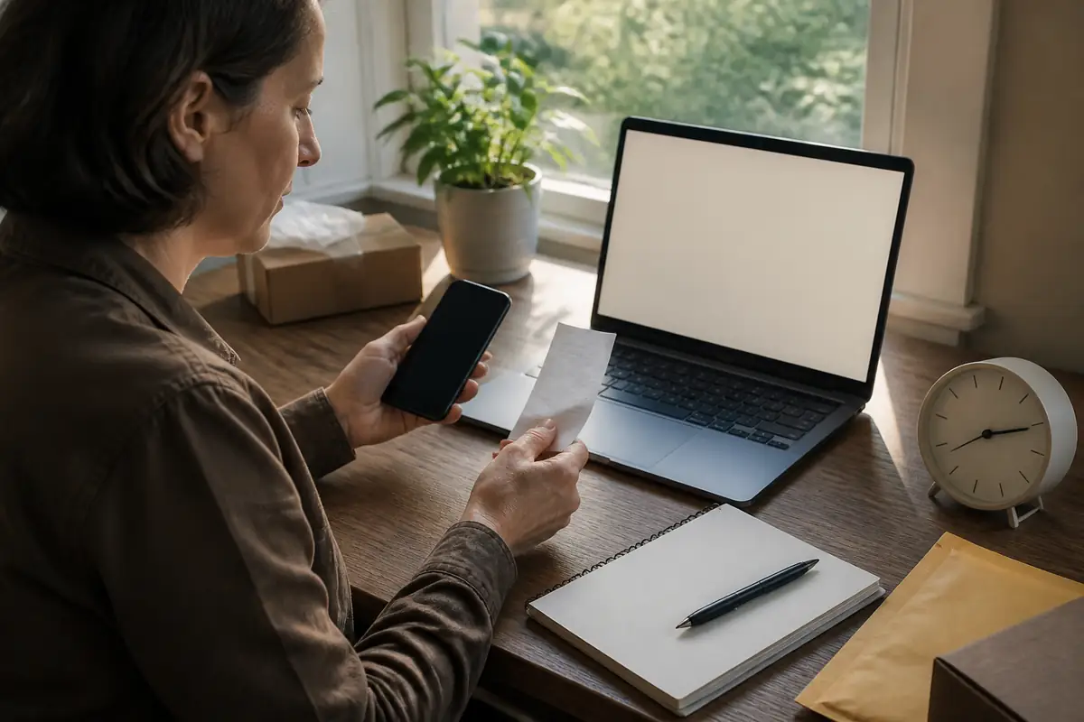 An adult organising blank online purchase records beside a plain laptop