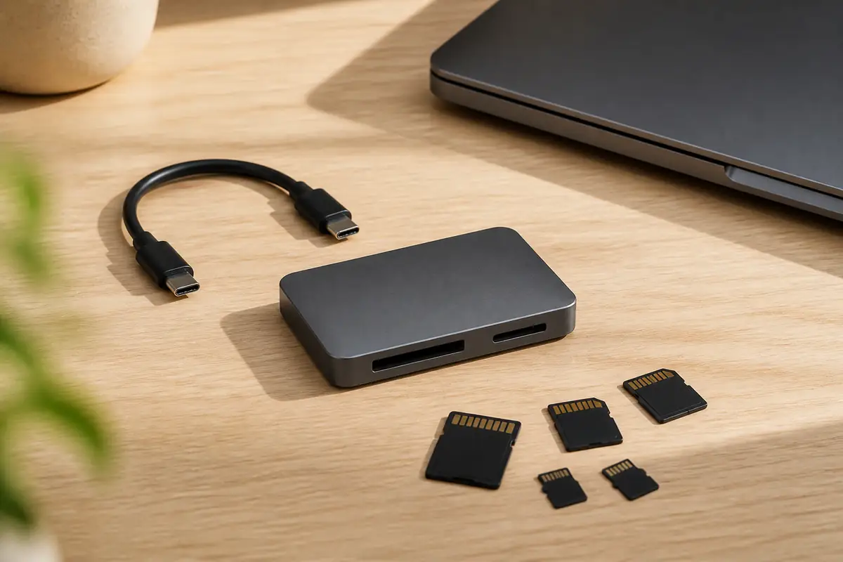 A compact unbranded SD card reader with blank memory cards and a short cable