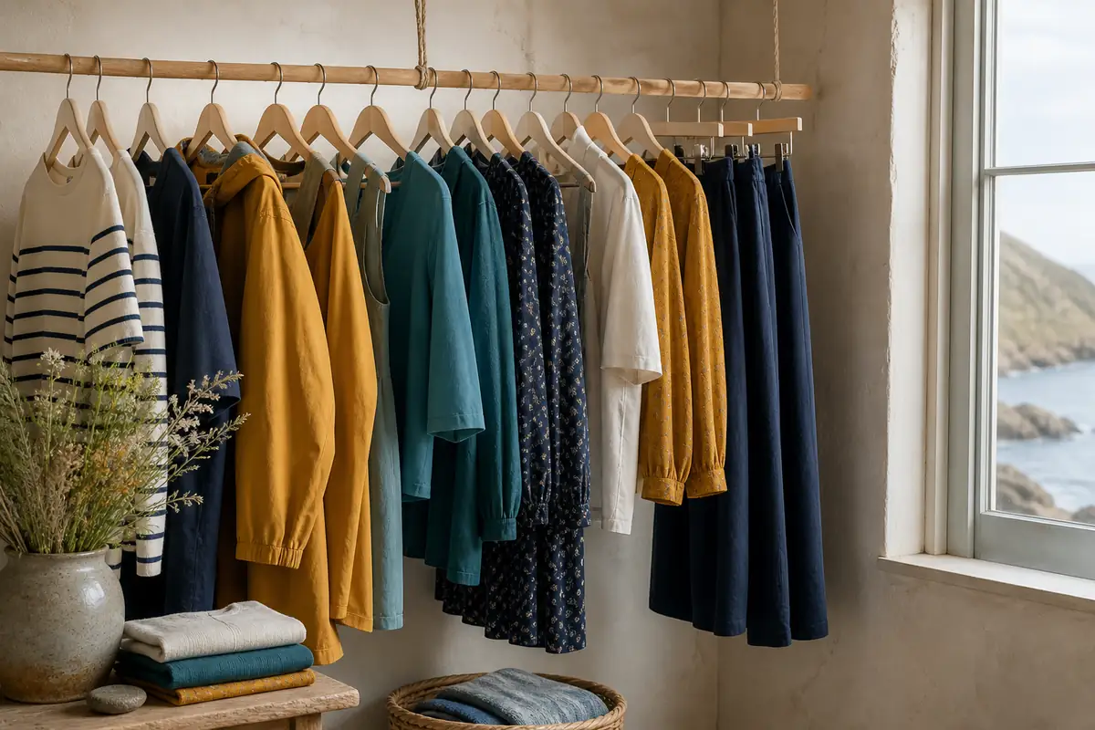 A fictional unbranded rail of coastal-colour dresses, knitwear and a plain raincoat in a warm studio