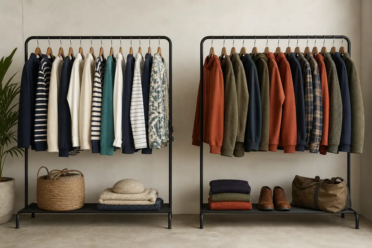 Two balanced fictional unbranded casual clothing rails arranged for a retailer comparison