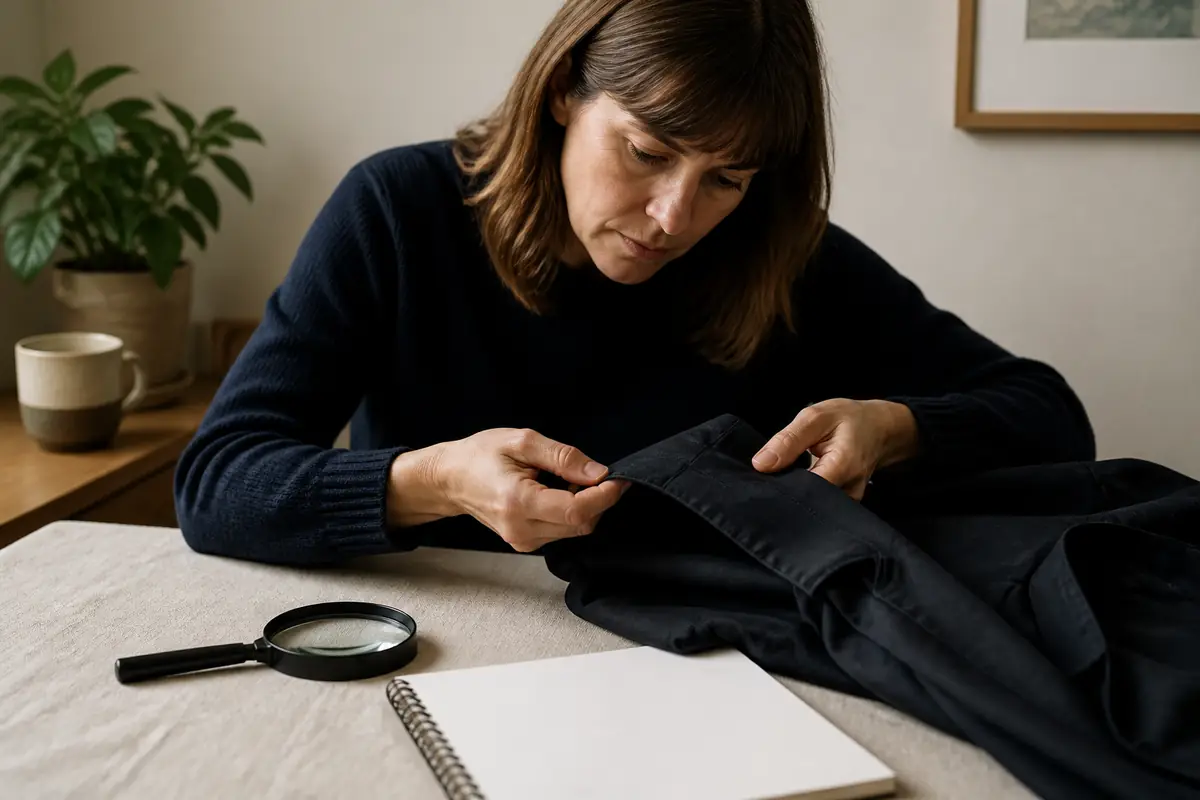 An adult inspecting the stitching and fabric of a plain second-hand jacket