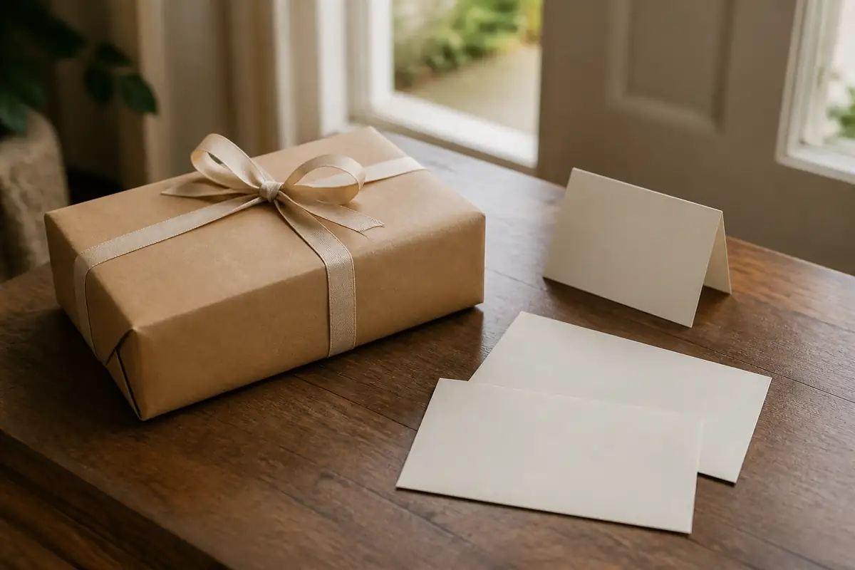 A plain gift parcel with blank cards for delivery planning