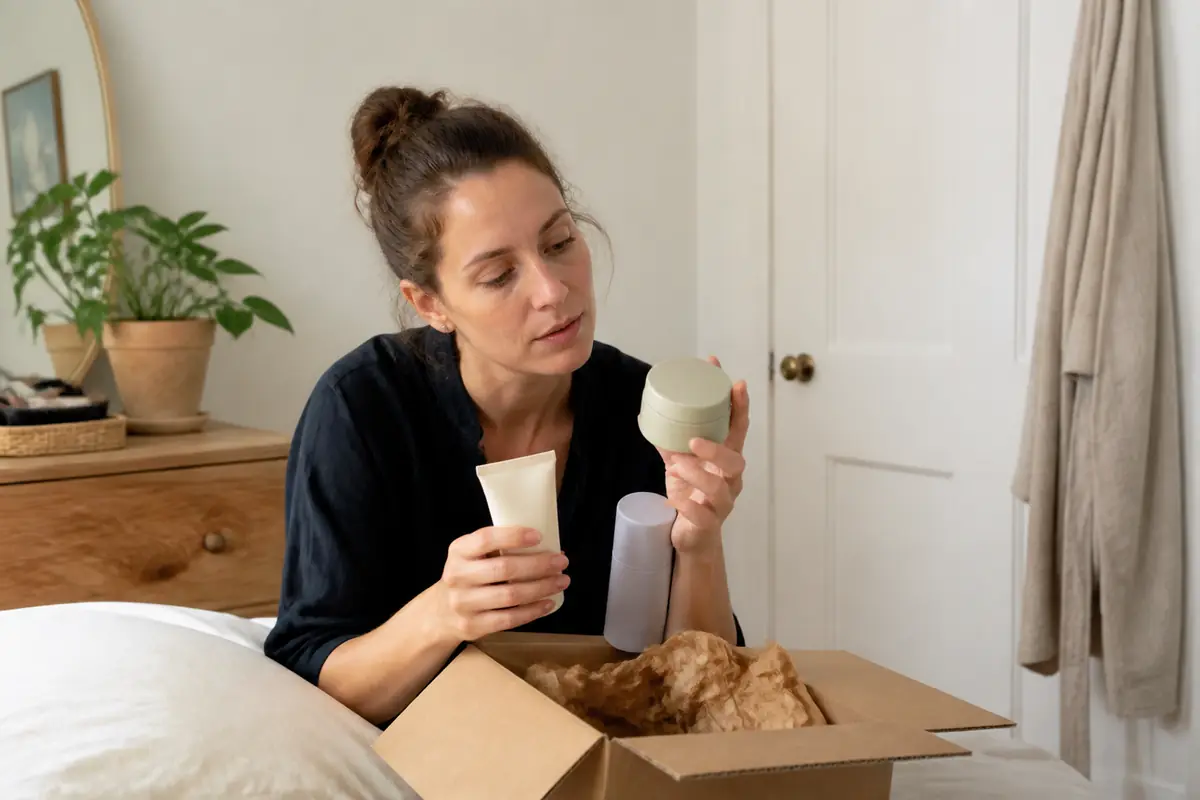 A shopper comparing unbranded beauty products from an online order
