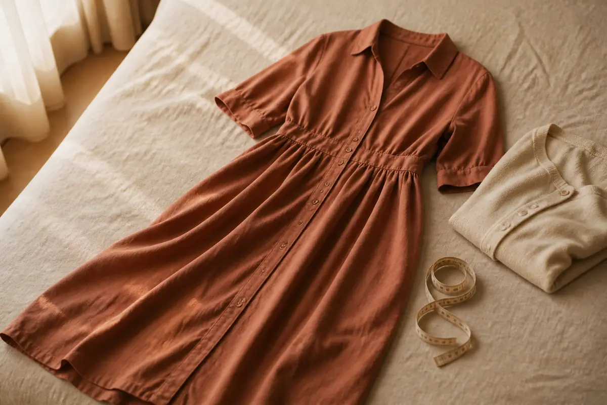 An unbranded rust-coloured shirt dress laid beside a cardigan and fabric tape measure