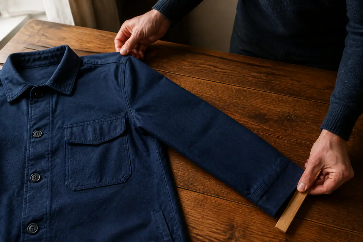 Adult hands checking the shoulder seam and sleeve of a plain navy overshirt beside an unmarked wooden guide