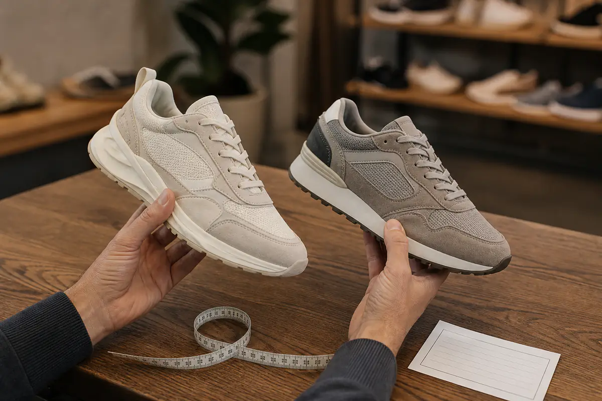 Adult hands inspect fictional unbranded trainers and streetwear in a natural retail scene