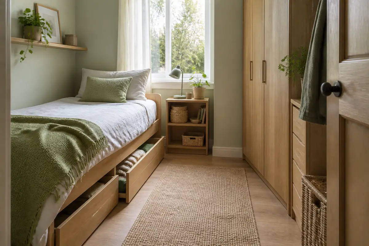 A compact bedroom with under-bed, bedside and wardrobe storage