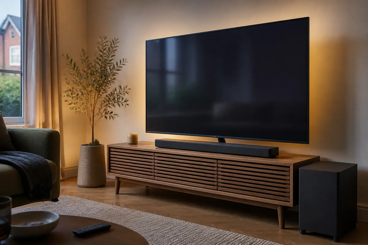 A generic slim soundbar and subwoofer arranged beneath a blank television in a warm living room