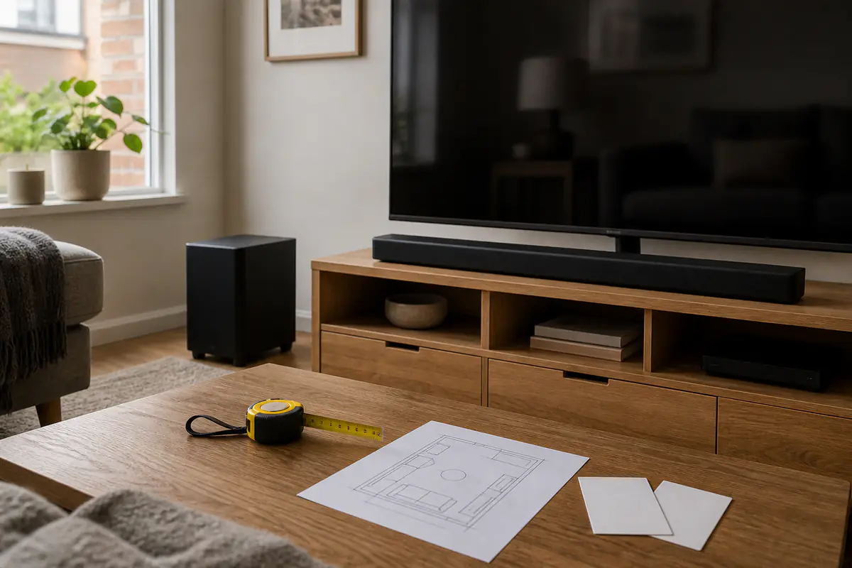 Generic unbranded soundbar and subwoofer measured in a realistic living room