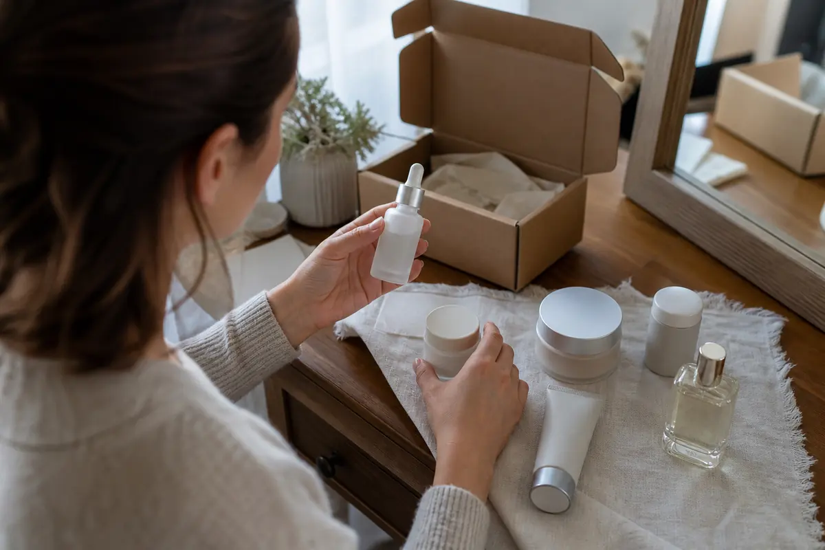 A shopper comparing unbranded beauty products from an online order