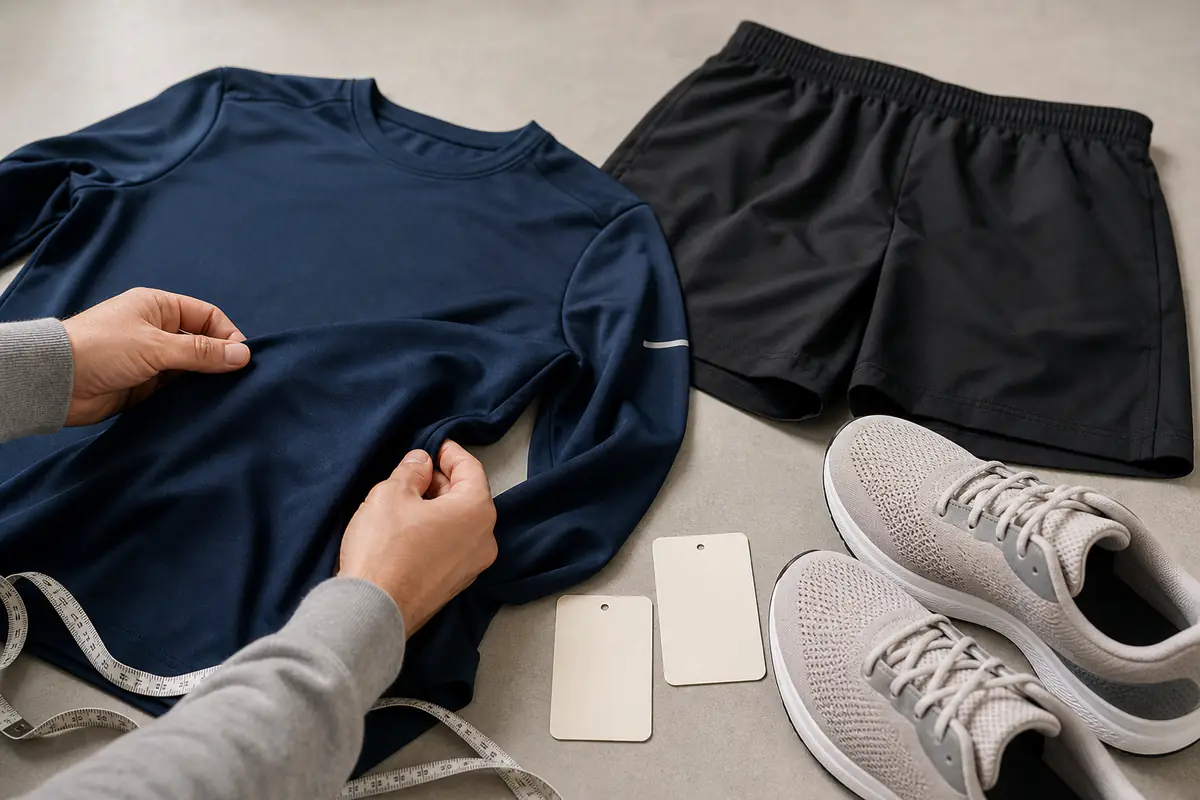 Adult hands inspect fictional unbranded sports clothing and shoes beside blank evidence cards