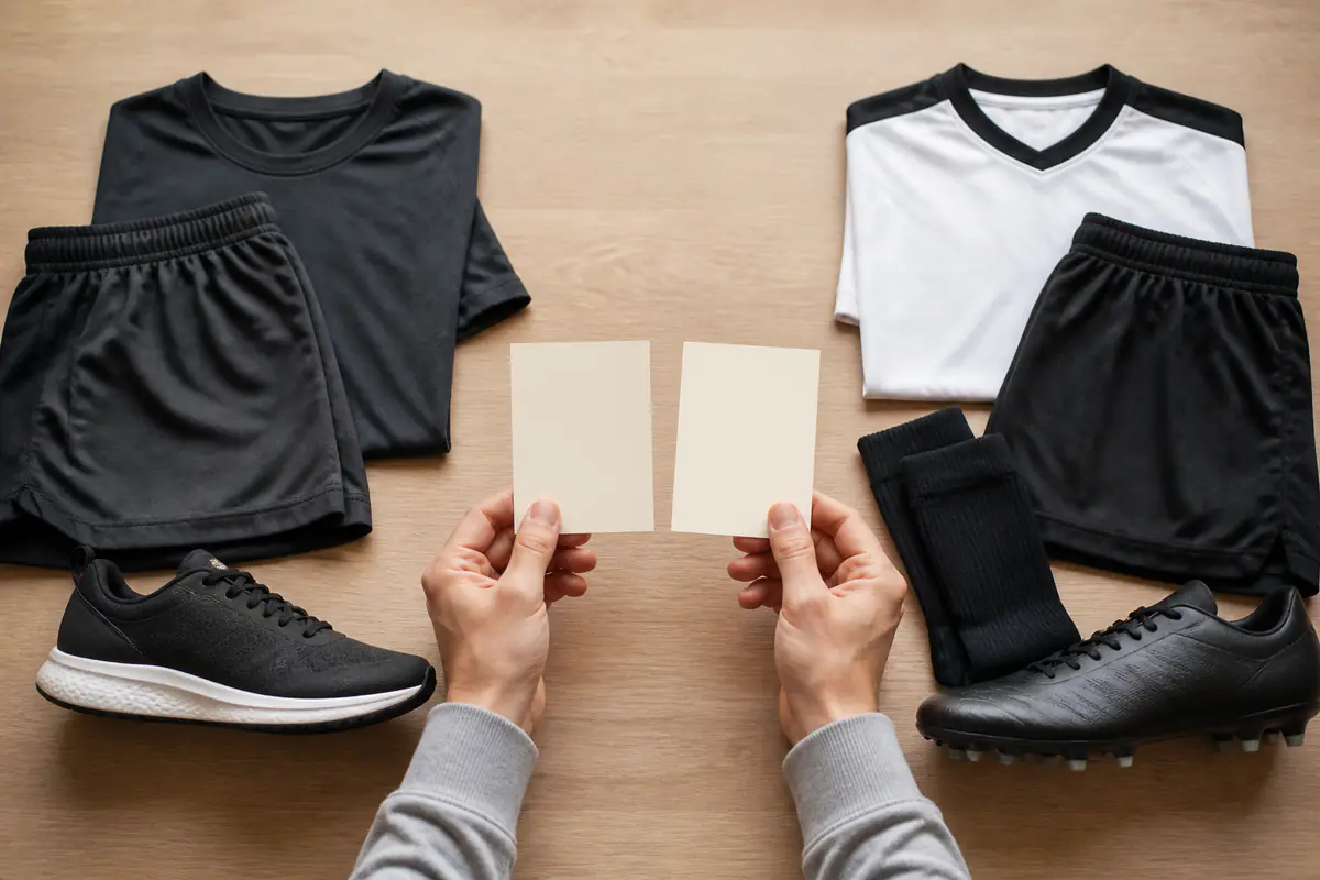 Two equal fictional unbranded sportswear selections compared with blank evidence cards