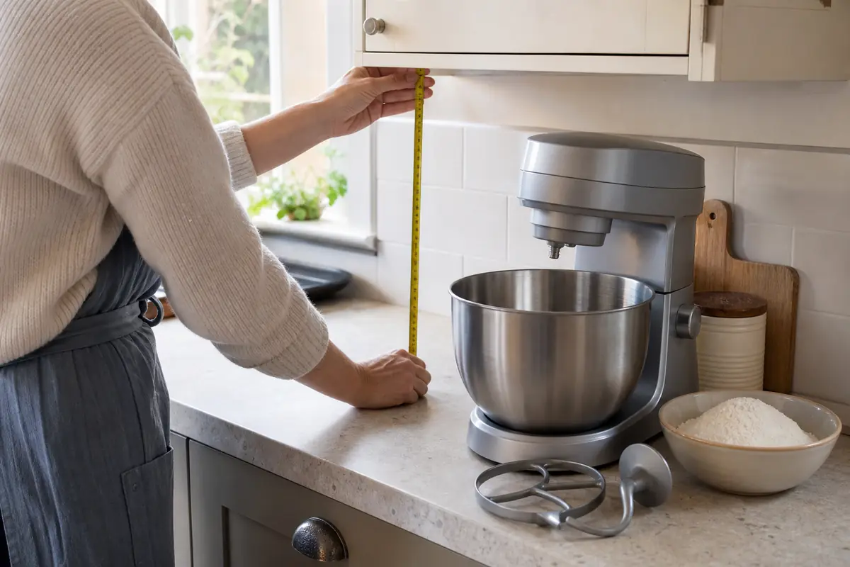 A home baker measuring cupboard clearance beside an unbranded stand mixer