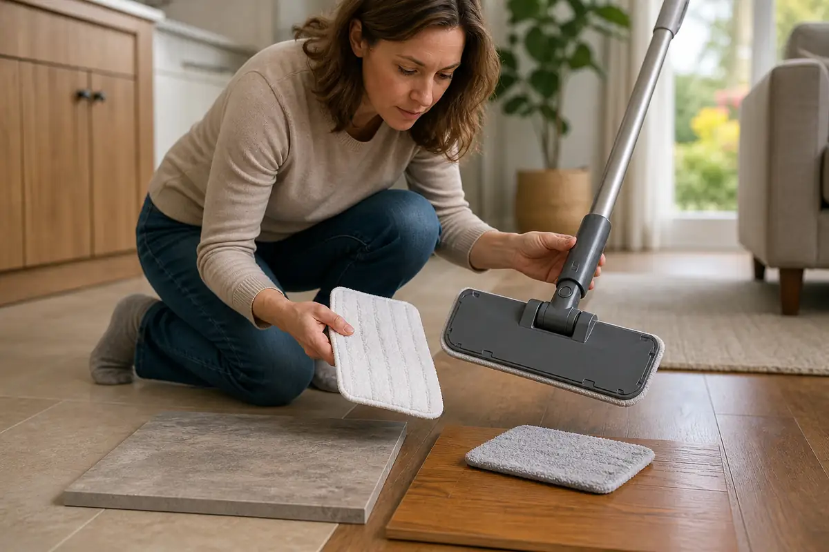 An adult inspecting a generic steam-mop head, pads and flooring samples