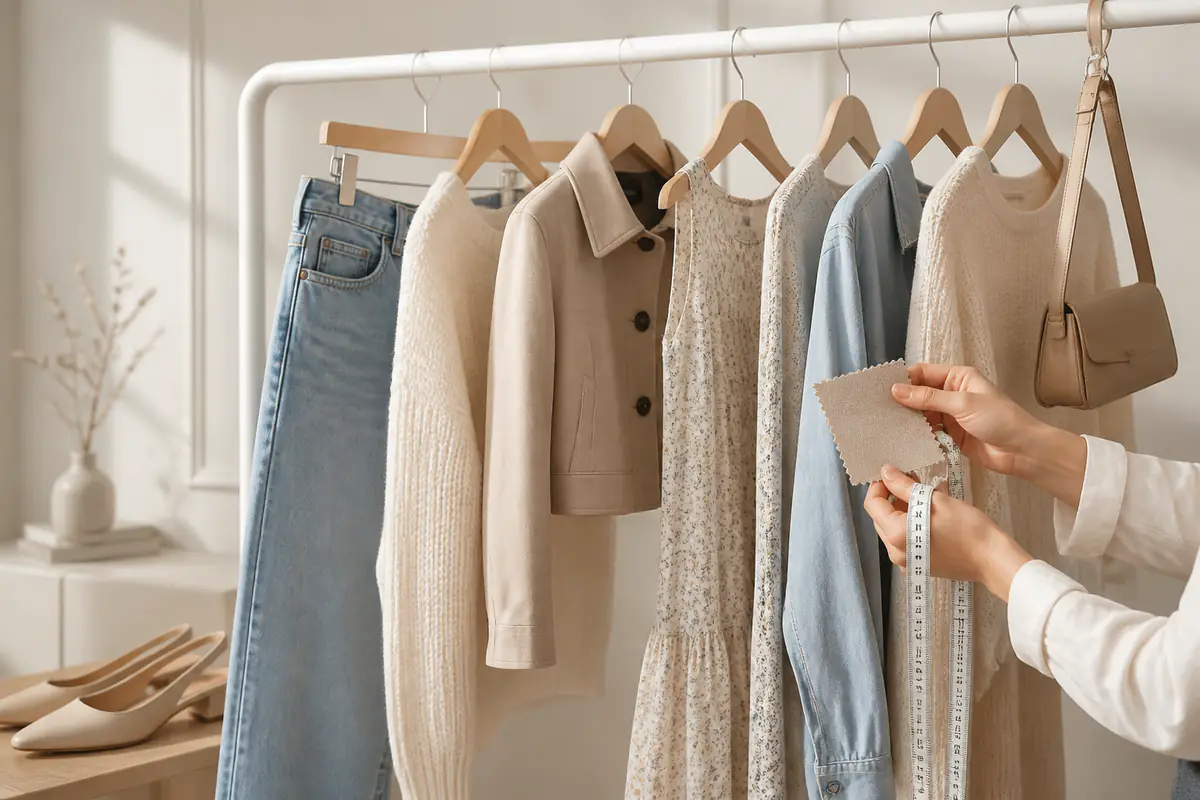 A fictional unbranded womenswear rail with denim, tailoring, knitwear, a dress and adult hands checking fabric