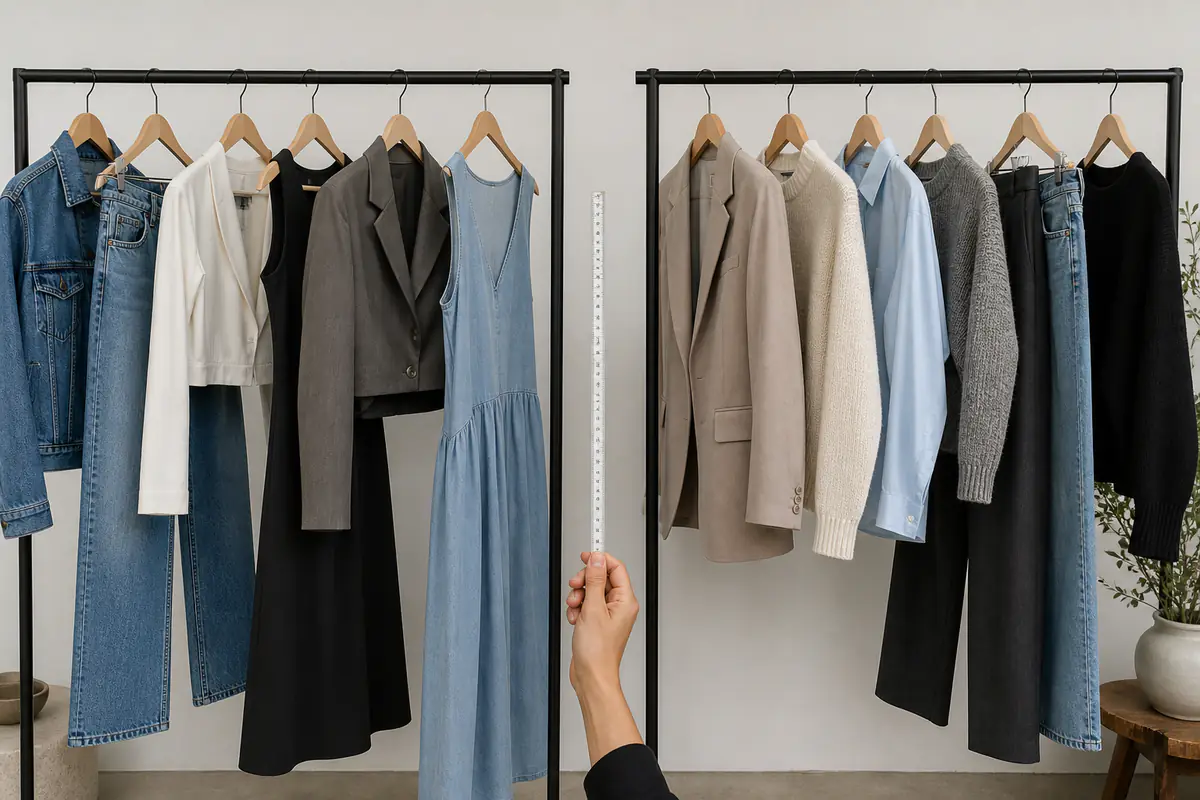 Two equal fictional unbranded womenswear rails comparing trend-led and broader wardrobe pieces