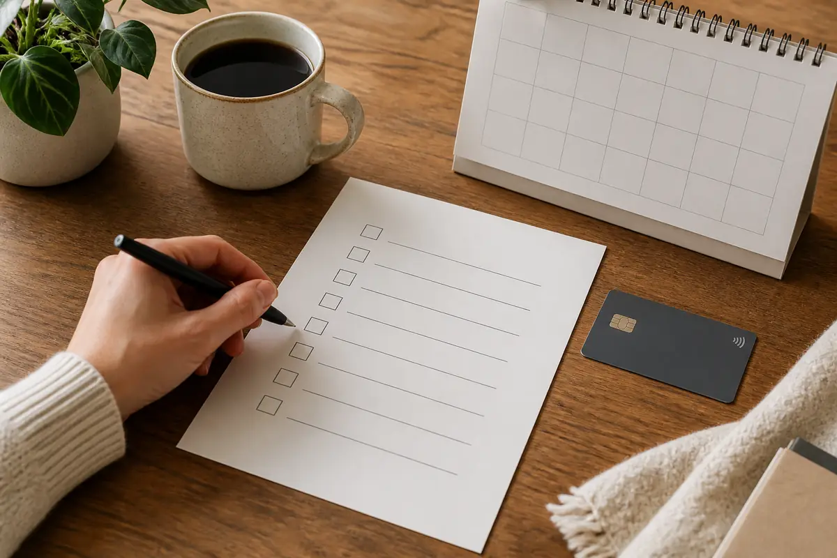 A person reviewing an unbranded subscription checklist beside a plain payment card and calendar