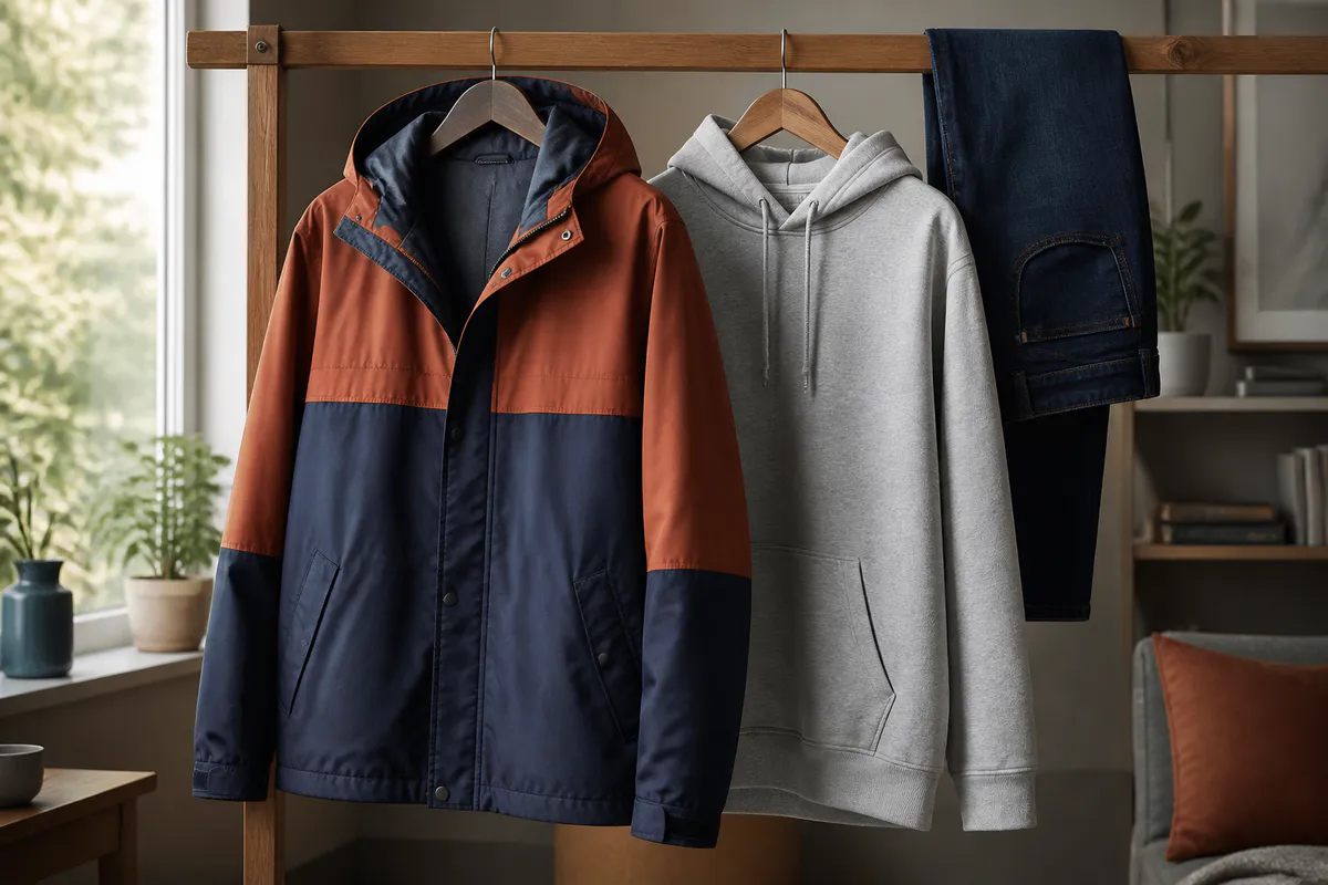 A fictional unbranded rust and navy casual jacket, grey hoodie and dark denim on a wooden rail