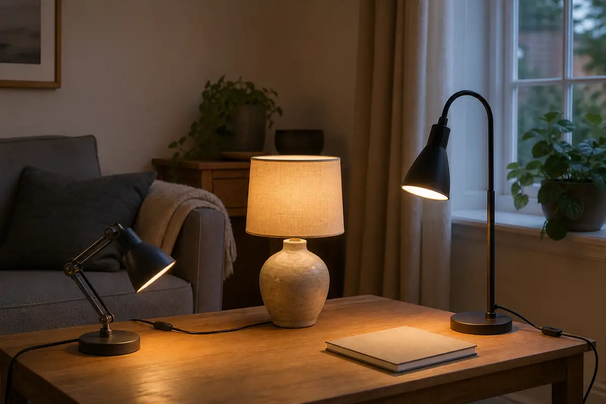 Three fictional unbranded table lamps showing task, bedside and ambient proportions
