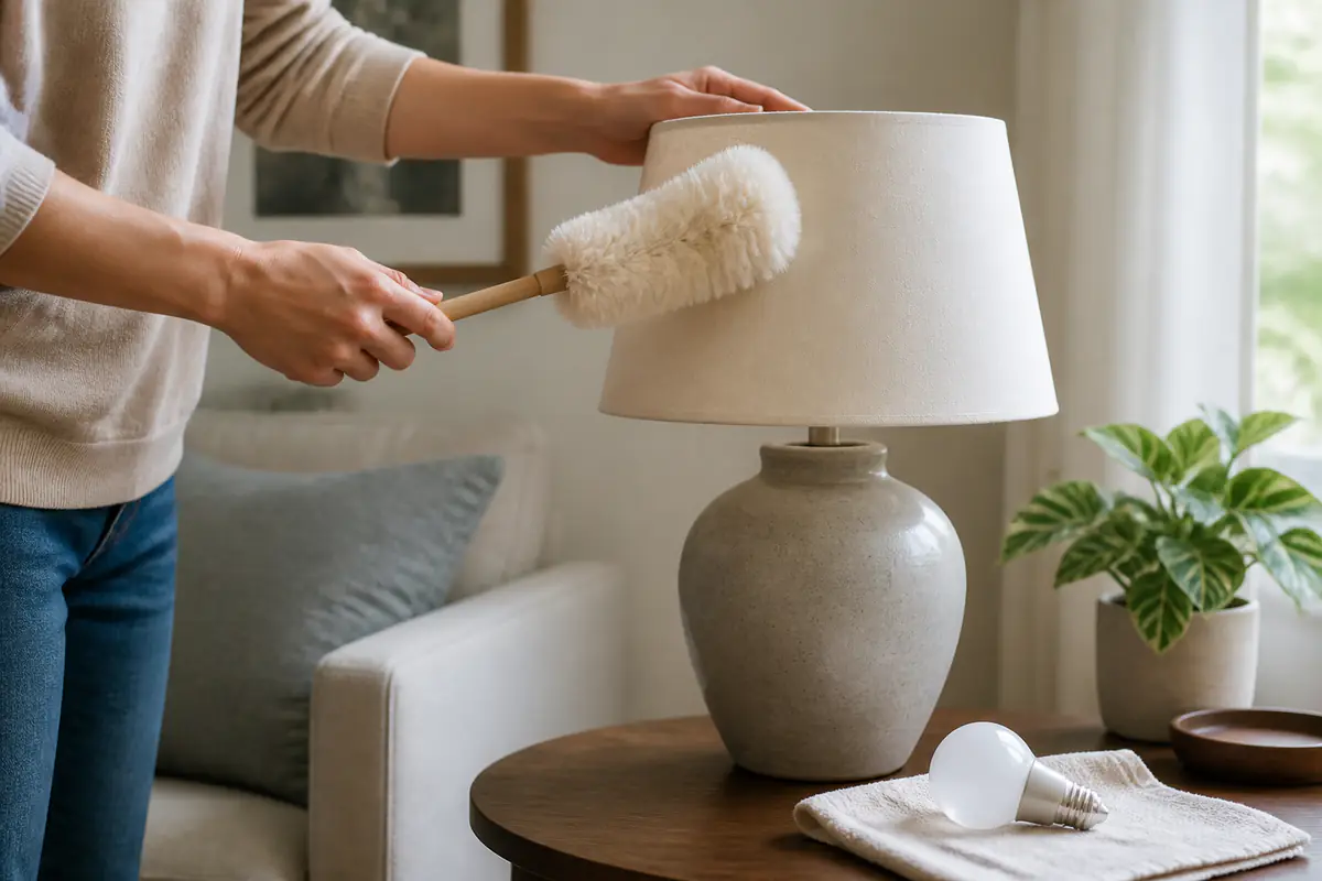 A warm unbranded table lamp beside a soft cleaning cloth and a plain replacement bulb in a calm room