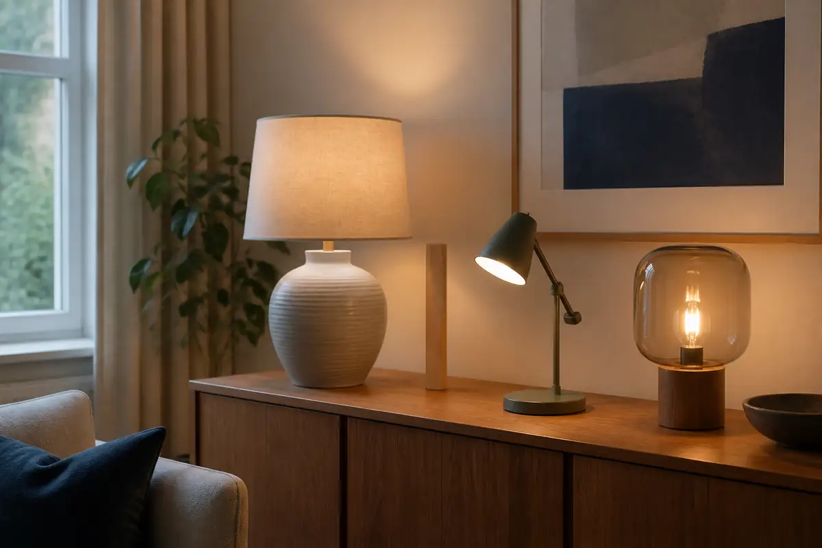 Three fictional unbranded table lamps showing different shades, proportions and light pools in a calm interior