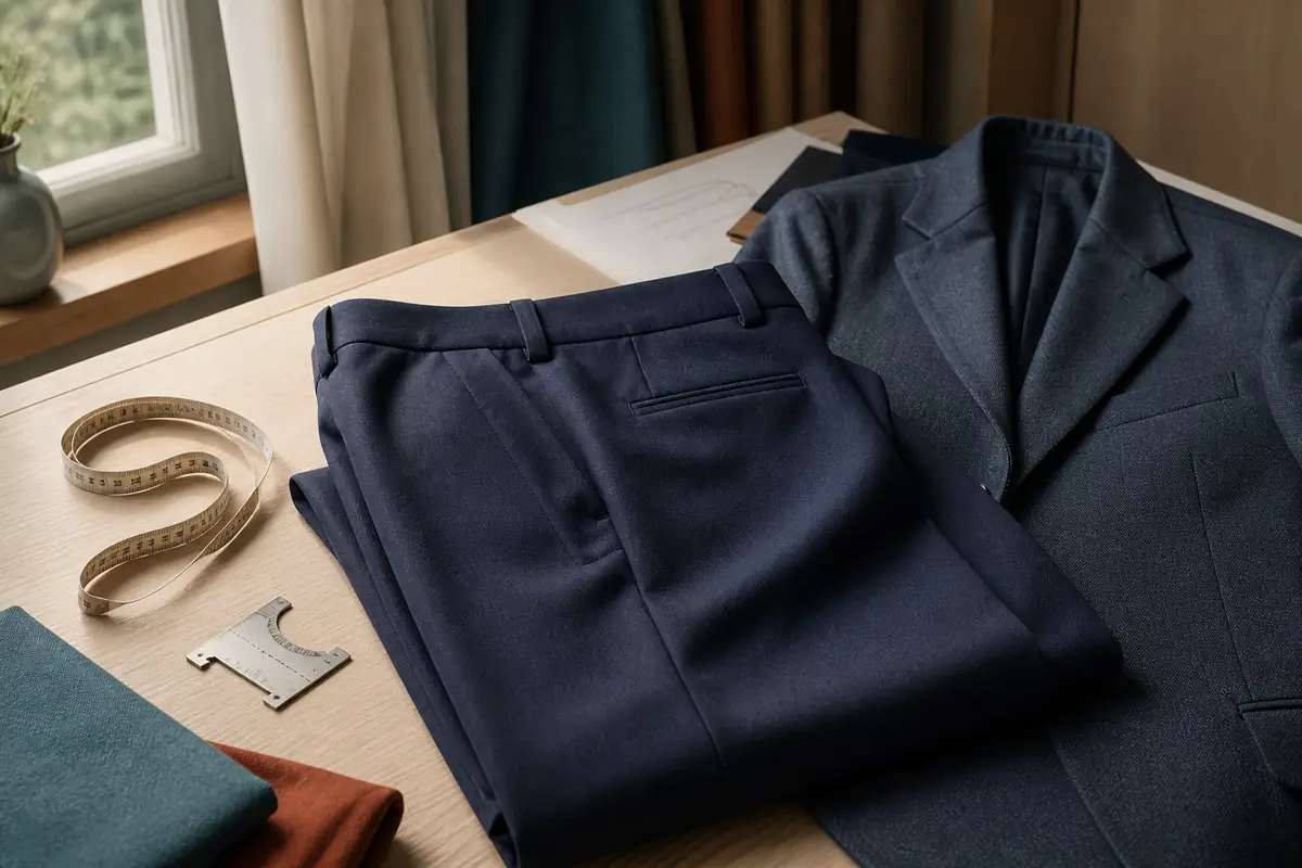 Plain navy tailored trousers beside measuring tools and a jacket