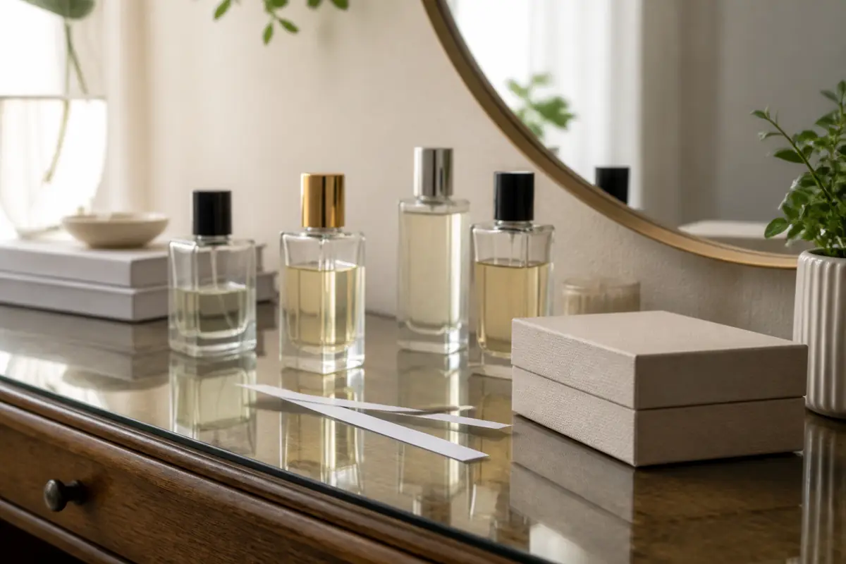 Unbranded fragrance bottles with scent blotters and a plain gift box
