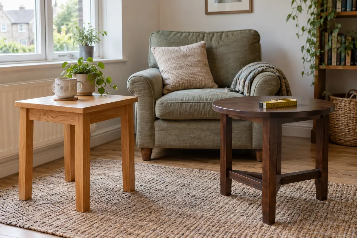 Two plain side tables beside a chair and measuring tape in a naturally lit living room