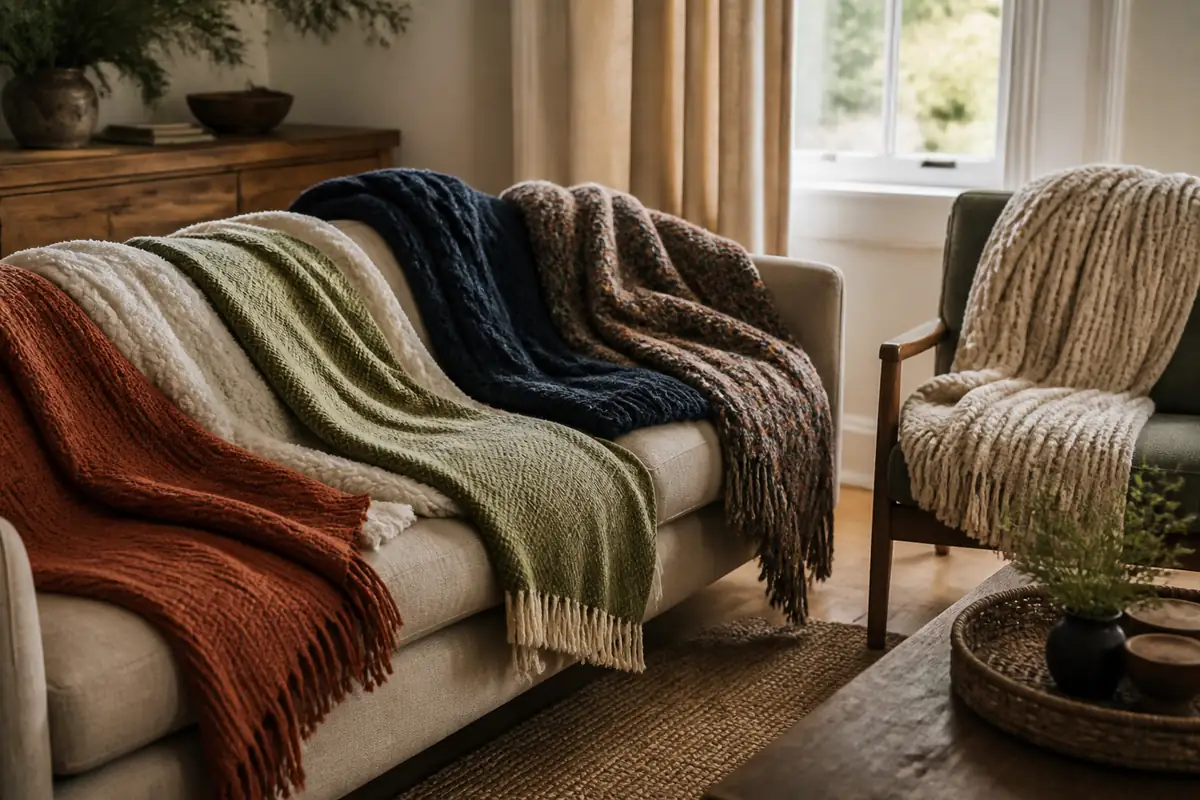 Several unbranded woven throw blankets draped over a sofa and chair