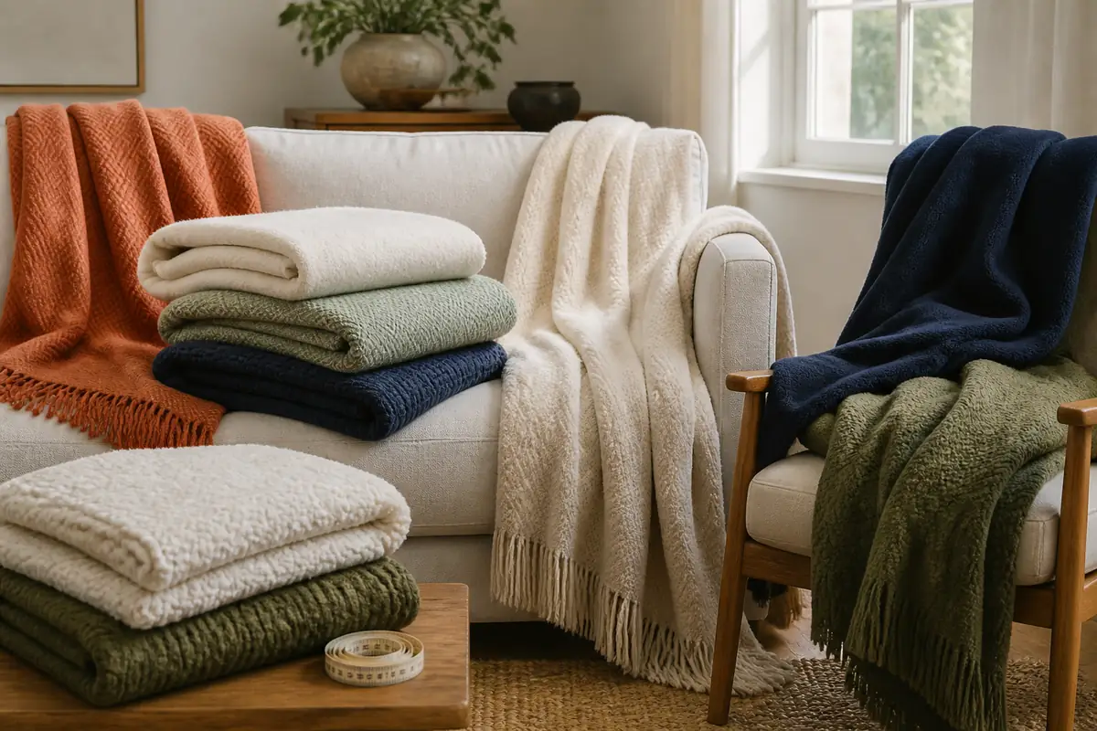Fictional unbranded throws in varied fibres and colours arranged across a sofa and chair