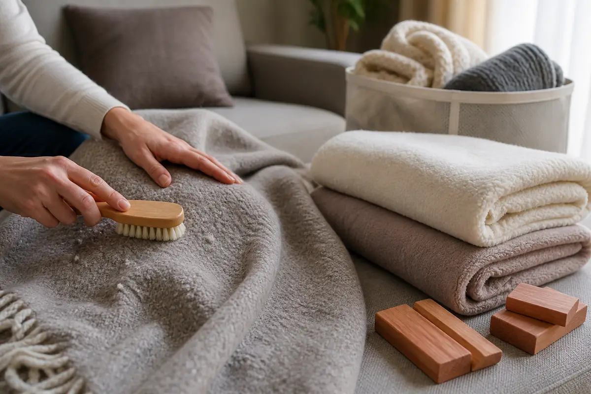 Adult hands gently brushing a plain throw beside folded blankets and breathable storage