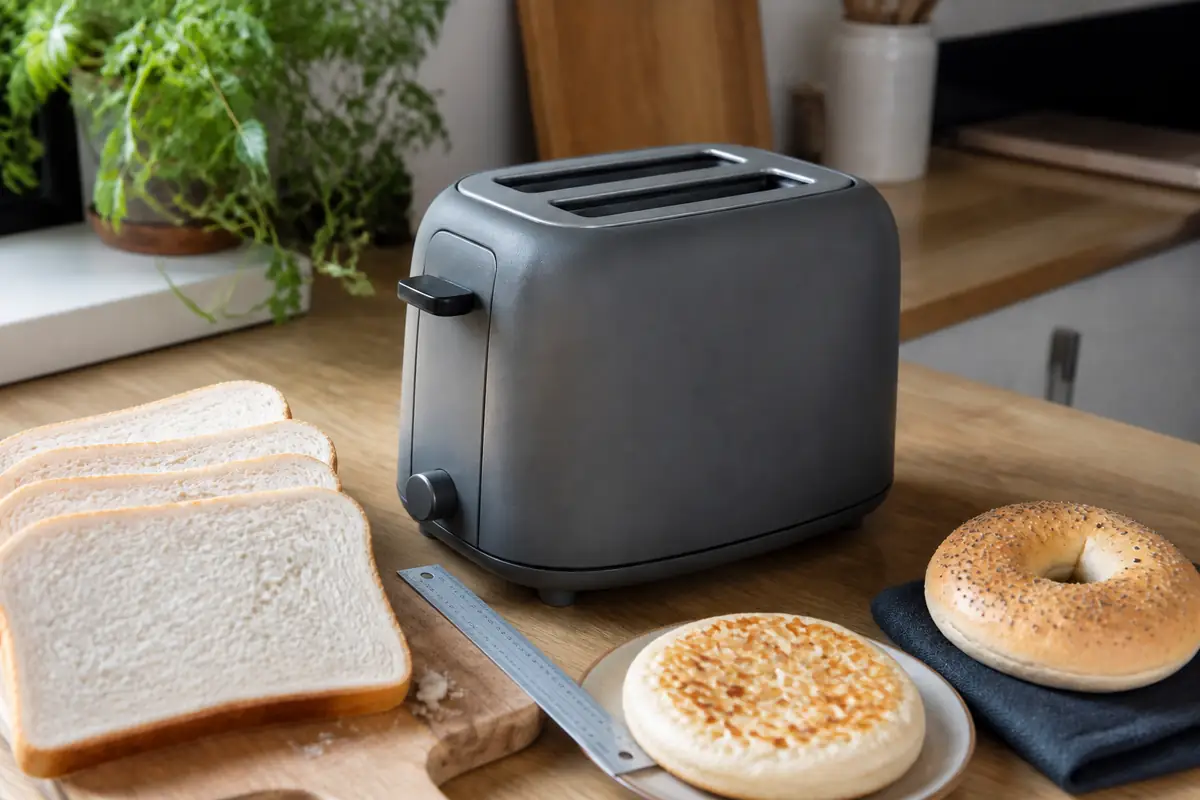 An unbranded toaster being assessed beside bread and a ruler